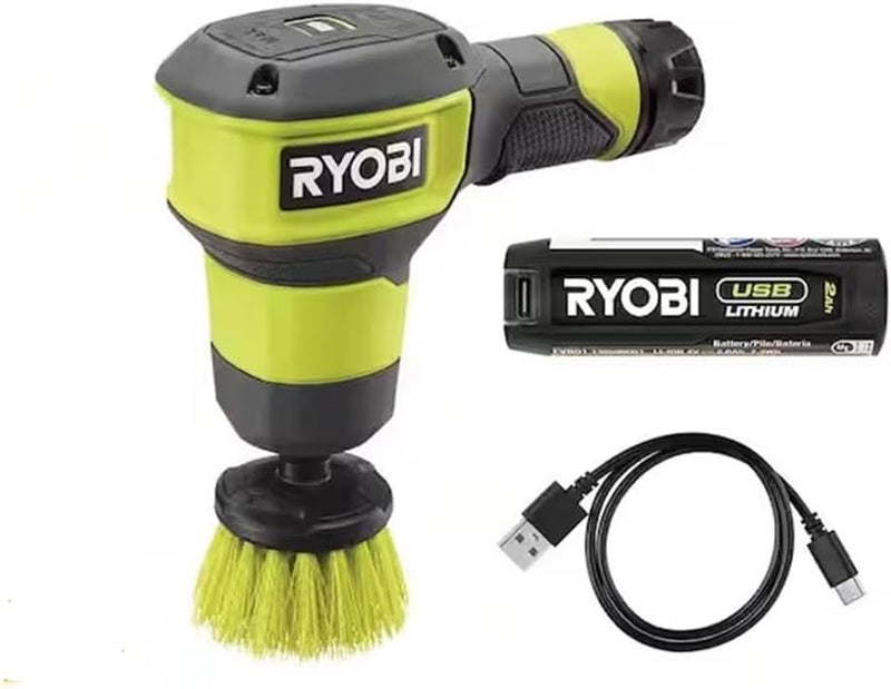 Ryobi USB Lithium Compact Scrubber Kit with 2.0 Ah Battery, USB Charging Cord, and 2 in. Medium Bristle Brush, Green - Image 1